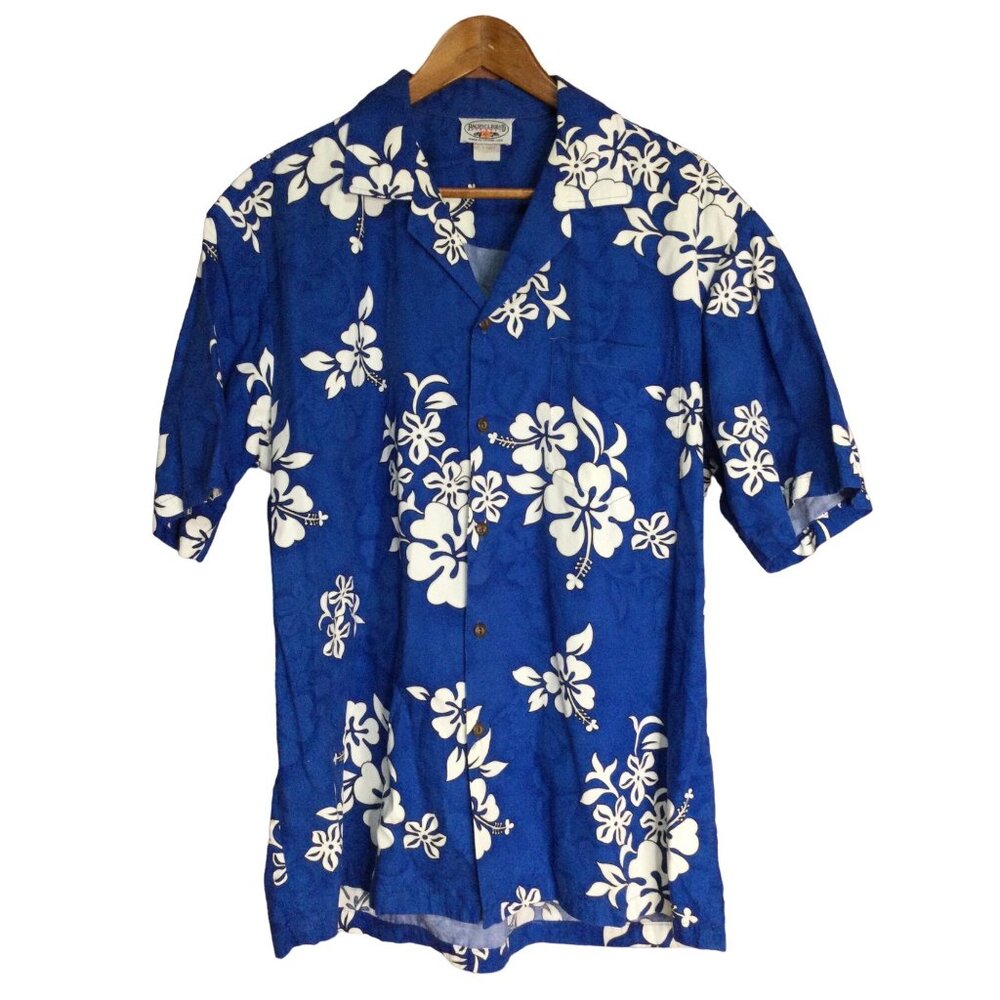 Vintage Mens Hawaiian Shirt Blue Floral Button Front Pacific Legend Size Large